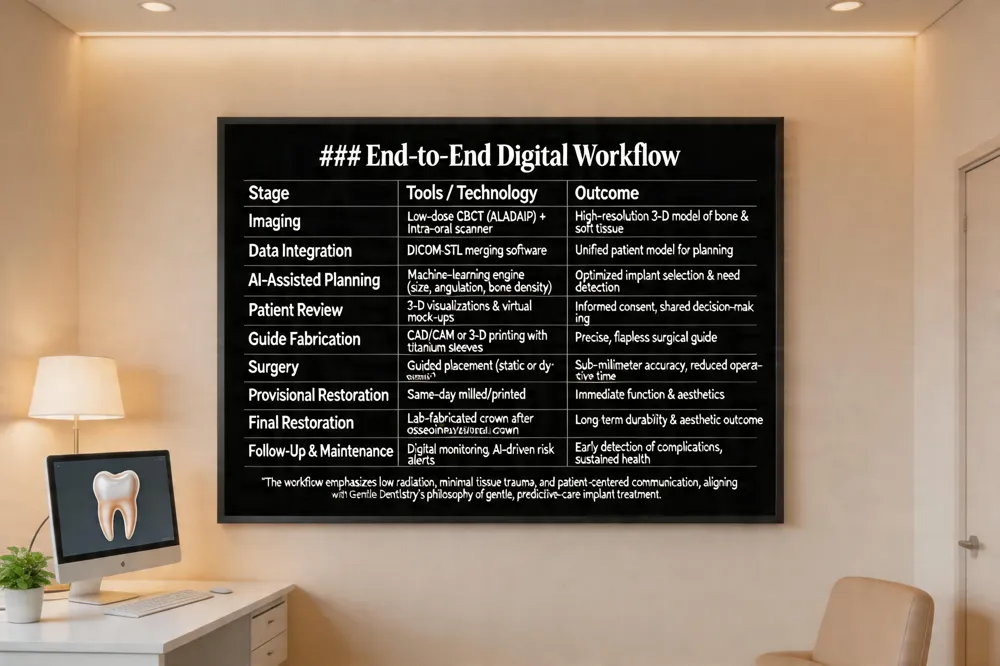 ### End‑to‑End Digital Workflow
| Stage | Tools / Technology | Outcome |
|---|---|---|
| Imaging | Low‑dose CBCT (ALADAIP) + Intra‑oral scanner | High‑resolution 3‑D model of bone & soft tissue |
| Data Integration | DICOM‑STL merging software | Unified patient model for planning |
| AI‑Assisted Planning | Machine‑learning engine (size, angulation, bone density) | Optimized implant selection & need detection |
| Patient Review | 3‑D visualizations & virtual mock‑ups | Informed consent, shared decision‑making |
| Guide Fabrication | CAD/CAM or 3‑D printing with titanium sleeves | Precise, flapless surgical guide |
| Surgery | Guided placement (static or dynamic) | Sub‑millimeter accuracy, reduced operative time |
| Provisional Restoration | Same‑day milled/printed provisional crown | Immediate function & aesthetics |
| Final Restoration | Lab‑fabricated crown after osseointegration | Long‑term durability & aesthetic outcome |
| Follow‑Up & Maintenance | Digital monitoring, AI‑driven risk alerts | Early detection of complications, sustained health |
*The workflow emphasizes low radiation, minimal tissue trauma, and patient‑centered communication, aligning with Gentle Dentistry’s philosophy of gentle, predictive‑care implant treatment.