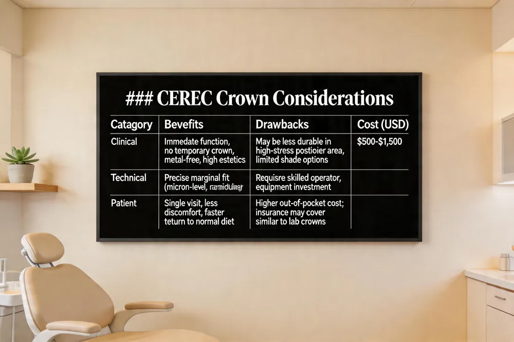 ### CEREC Crown Considerations
| Category | Benefits | Drawbacks | Cost (USD) |
|---|---|---|---|
| Clinical | Immediate function, no temporary crown, metal‑free, high esthetics | May be less durable in high‑stress posterior areas, limited shade options | $500‑$1,500 |
| Technical | Precise marginal fit (micron‑level), rapid design & milling | Requires skilled operator, equipment investment | |
| Patient | Single visit, less discomfort, faster return to normal diet | Higher out‑of‑pocket cost; insurance may cover similar to lab crowns |
