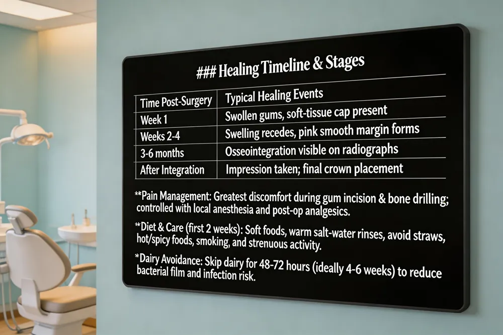 ### Healing Timeline & Stages
| Time Post‑Surgery | Typical Healing Events |
|---|---|
| Week 1 | Swollen gums, soft‑tissue cap present |
| Weeks 2‑4 | Swelling recedes, pink smooth margin forms |
| 3‑6 months | Osseointegration visible on radiographs |
| After Integration | Impression taken; final crown placement |
Pain Management: Greatest discomfort during gum incision & bone drilling; controlled with local anesthesia and post‑op analgesics.
Diet & Care (first 2 weeks): Soft foods, warm salt‑water rinses, avoid straws, hot/spicy foods, smoking, and strenuous activity.
Dairy Avoidance: Skip dairy for 48‑72 hours (ideally 4‑6 weeks) to reduce bacterial film and infection risk.
