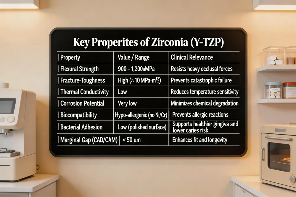Key Properties of Zirconia (Y‑TZP)
| Property | Value / Range | Clinical Relevance |
|---|---|---|
| Flexural Strength | 900 – 1,200 MPa | Resists heavy occlusal forces |
| Fracture‑Toughness | High (≈ 10 MPa·m½) | Prevents catastrophic failure |
| Thermal Conductivity | Low | Reduces temperature sensitivity |
| Corrosion Potential | Very low | Minimizes chemical degradation |
| Biocompatibility | Hypo‑allergenic (no Ni/Cr) | Prevents allergic reactions |
| Bacterial Adhesion | Low (polished surface) | Supports healthier gingiva and lower caries risk |
| Marginal Gap (CAD/CAM) | < 50 µm | Enhances fit and longevity |