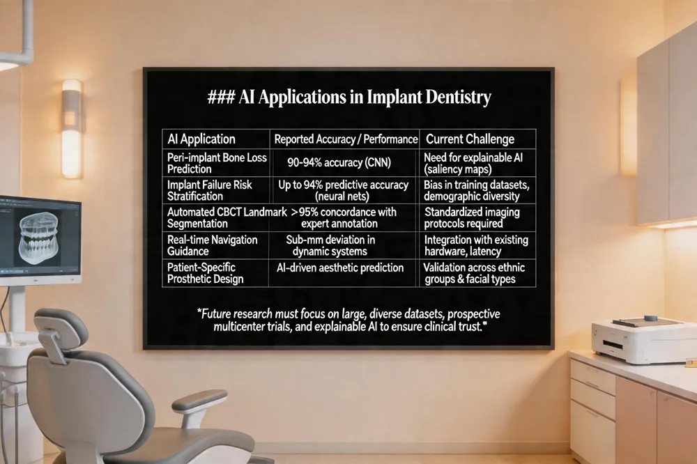 ### AI Applications in Implant Dentistry
| AI Application | Reported Accuracy / Performance | Current Challenge |
|---|---|---|
| Peri‑implant Bone Loss Prediction | 90‑94 % accuracy (CNN) | Need for explainable AI (saliency maps) |
| Implant Failure Risk Stratification | Up to 94 % predictive accuracy (neural nets) | Bias in training datasets, demographic diversity |
| Automated CBCT Landmark Segmentation | > 95 % concordance with expert annotation | Standardized imaging protocols required |
| Real‑time Navigation Guidance | Sub‑mm deviation in dynamic systems | Integration with existing hardware, latency |
| Patient‑Specific Prosthetic Design | AI‑driven aesthetic prediction | Validation across ethnic groups & facial types |
*Future research must focus on large, diverse datasets, prospective multicenter trials, and explainable AI to ensure clinical trust.