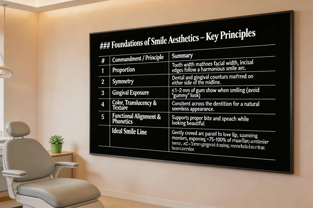 ### Foundations of Smile Aesthetics – Key Principles
| # | Commandment / Principle | Summary |
|---|---|---|
| 1 | Proportion | Tooth width matches facial width; incisal edges follow a harmonious smile arc. |
| 2 | Symmetry | Dental and gingival contours mirrored on either side of the midline. |
| 3 | Gingival Exposure | ≤ 1–2 mm of gum show when smiling (avoid “gummy” look). |
| 4 | Color, Translucency & Texture | Consistent across the dentition for a natural seamless appearance. |
| 5 | Functional Alignment & Phonetics | Supports proper bite and speech while looking beautiful. |
| Ideal Smile Line | Gently curved arc parallel to lower lip, spanning mouth corners, exposing ~75‑100 % of maxillary anterior teeth; ≤ 2–3 mm gingival display; modest buccal corridor. |
