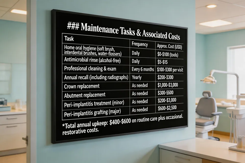 ### Maintenance Tasks & Associated Costs
| Task | Frequency | Approx. Cost (USD) |
|---|---|---|
| Home oral hygiene (soft brush, interdental brushes, water‑flossers) | Daily | $0‑$100 (tools) |
| Antimicrobial rinse (alcohol‑free) | Daily | $5‑$15 |
| Professional cleaning & exam | Every 6 months | $100‑$300 per visit |
| Annual recall (including radiographs) | Yearly | $200‑$300 |
| Crown replacement | As needed | $1,000‑$3,000 |
| Abutment replacement | As needed | $300‑$500 |
| Peri‑implantitis treatment (minor) | As needed | $200‑$3,000 |
| Peri‑implantitis grafting (major) | As needed | $600‑$2,500 |
Total annual upkeep: $400‑$600 on routine care plus occasional restorative costs. 