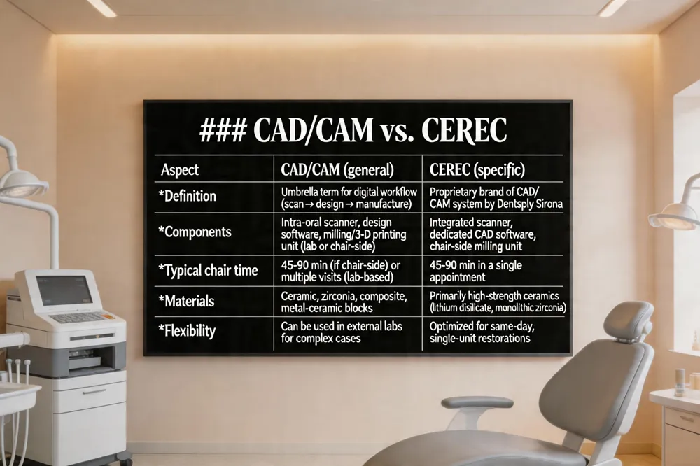 ### CAD/CAM vs. CEREC
| Aspect | CAD/CAM (general) | CEREC (specific) |
|---|---|---|
| Definition | Umbrella term for digital workflow (scan → design → manufacture) | Proprietary brand of CAD/CAM system by Dentsply Sirona |
| Components | Intra‑oral scanner, design software, milling/3‑D printing unit (lab or chair‑side) | Integrated scanner, dedicated CAD software, chair‑side milling unit |
| Typical chair time | 45‑90 min (if chair‑side) or multiple visits (lab‑based) | 45‑90 min in a single appointment |
| Materials | Ceramic, zirconia, composite, metal‑ceramic blocks | Primarily high‑strength ceramics (lithium disilicate, monolithic zirconia) |
| Flexibility | Can be used in external labs for complex cases | Optimized for same‑day, single‑unit restorations |
