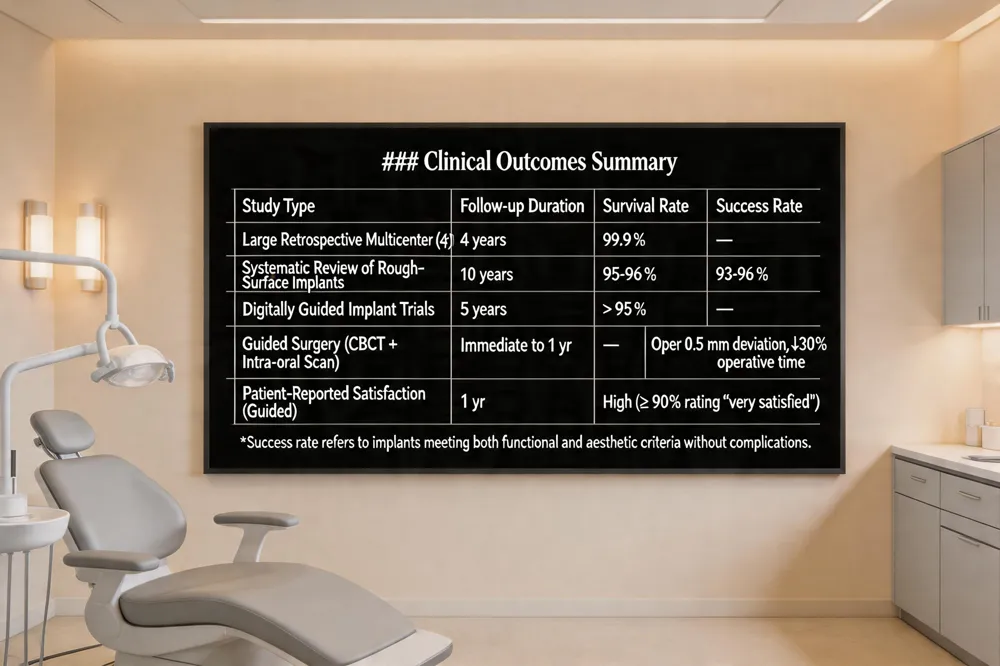 ### Clinical Outcomes Summary
| Study Type | Follow‑up Duration | Survival Rate | Success Rate |
|---|---|---|---|
| Large Retrospective Multicenter (4 yr) | 4 years | 99.9 % | — |
| Systematic Review of Rough‑Surface Implants | 10 years | 95‑96 % | 93‑96 % |
| Digitally Guided Implant Trials | 5 years | > 95 % | — |
| Guided Surgery (CBCT + Intra‑oral Scan) | Immediate to 1 yr | — | Oper 0.5 mm deviation, ↓30 % operative time |
| Patient‑Reported Satisfaction (Guided) | 1 yr | — | High (≥ 90 % rating “very satisfied”) |
*Success rate refers to implants meeting both functional and aesthetic criteria without complications.