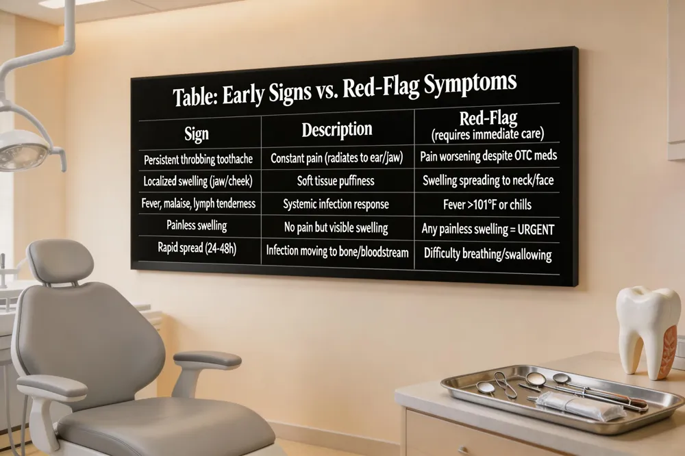 Table: Early Signs vs. Red‑Flag Symptoms
| Sign | Description | Red‑Flag (requires immediate care) |
|---|---|---|
| Persistent throbbing toothache | Constant pain, may radiate to ear/jaw | Pain worsening despite OTC meds |
| Localized swelling (jaw, cheek) | Soft tissue puffiness | Swelling spreading to neck or face |
| Fever, malaise, lymph node tenderness | Systemic response to infection | Fever >101°F or chills |
| Painless swelling or | No pain but visible swelling | Any swelling without pain = urgent |
| Rapid spread (24‑48 h) | Infection moving toward bone, bloodstream | Difficulty breathing/swallowing |
