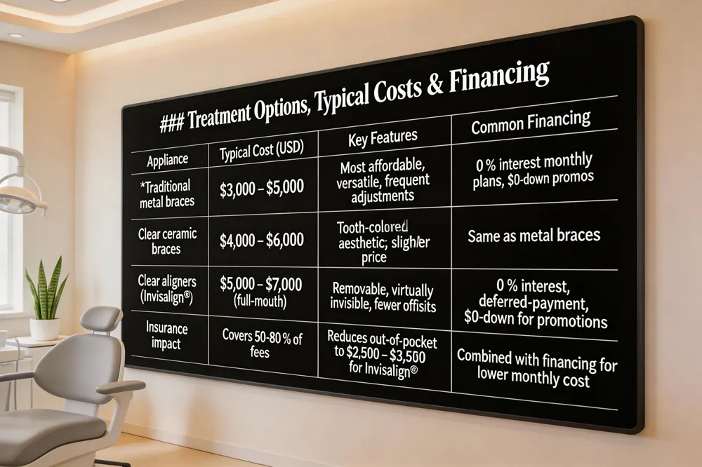 ### Treatment Options, Typical Costs & Financing
| Appliance | Typical Cost (USD) | Key Features | Common Financing |
|---|---|---|---|
| Traditional metal braces | $3,000 – $5,000 | Most affordable, versatile; frequent adjustments | 0 % interest monthly plans, $0‑down promos |
| Clear ceramic braces | $4,000 – $6,000 | Tooth‑colored, aesthetic; slightly higher price | Same as metal braces |
| Clear aligners (Invisalign®) | $5,000 – $7,000 (full‑mouth) | Removable, virtually invisible, fewer office visits | 0 % interest, deferred‑payment, $0‑down for promotions |
| Insurance impact | Covers 50‑80 % of fees | Reduces out‑of‑pocket to $2,500 – $3,500 for Invisalign® | Combined with financing for lower monthly cost |
