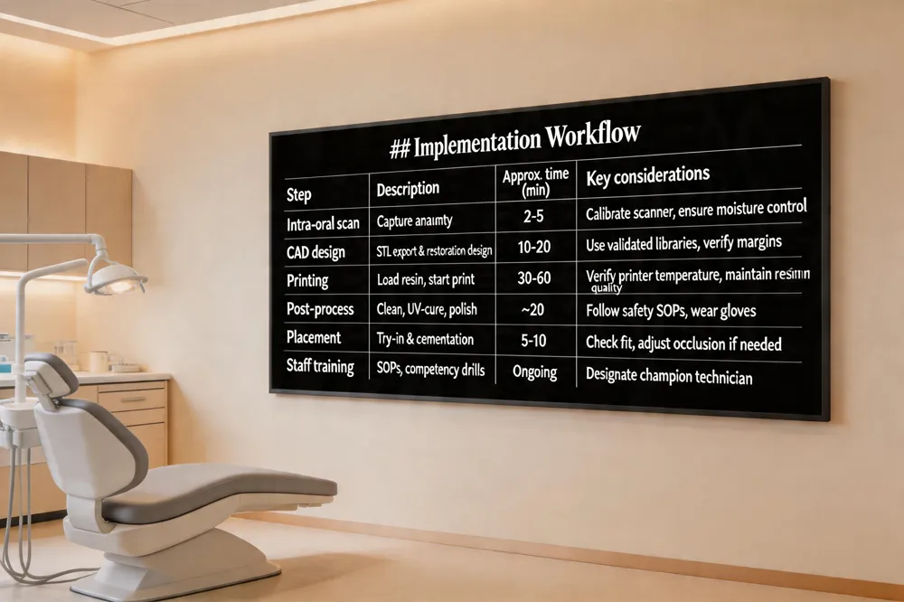 ### Implementation Workflow
| Step | Description | Approx. time (min) | Key considerations |
|---|---|---|---|
| Intra‑oral scan | Capture anatomy | 2‑5 | Calibrate scanner, ensure moisture control |
| CAD design | STL export & restoration design | 10‑20 | Use validated libraries, verify margins |
| Printing | Load resin, start print | 30‑60 | Verify printer temperature, maintain resin quality |
| Post‑process | Clean, UV‑cure, polish | ~20 | Follow safety SOPs, wear gloves |
| Placement | Try‑in & cementation | 5‑10 | Check fit, adjust occlusion if needed |
| Staff training | SOPs, competency drills | Ongoing | Designate champion technician |

