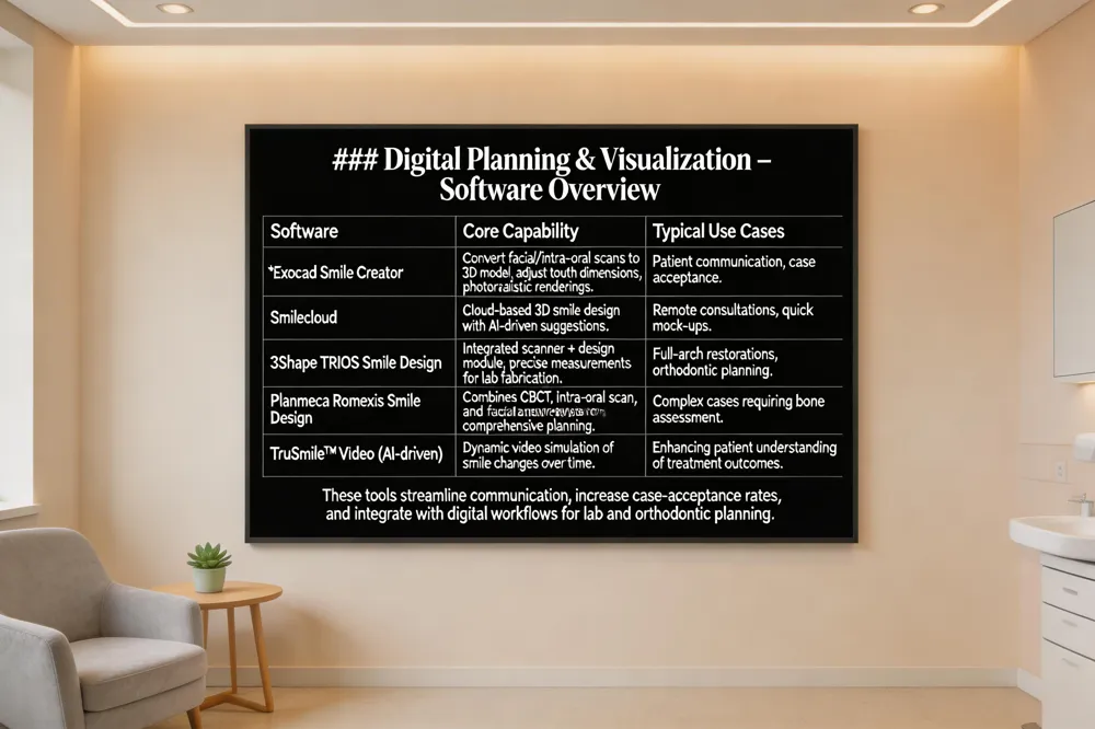 ### Digital Planning & Visualization – Software Overview
| Software | Core Capability | Typical Use Cases |
|---|---|---|
| Exocad Smile Creator | Convert facial photos/intra‑oral scans to 3‑D model; adjust tooth dimensions; photorealistic renderings. | Patient communication, case acceptance. |
| Smilecloud | Cloud‑based 3‑D smile design with AI‑driven suggestions. | Remote consultations, quick mock‑ups. |
| 3Shape TRIOS Smile Design | Integrated scanner + design module; precise measurements for lab fabrication. | Full‑arch restorations, orthodontic planning. |
| Planmeca Romexis Smile Design | Combines CBCT, intra‑oral scan, and facial analysis for comprehensive planning. | Complex cases requiring bone assessment. |
| TruSmile™ Video (AI‑driven) | Dynamic video simulation of smile changes over time. | Enhancing patient understanding of treatment outcomes. |
These tools streamline communication, increase case‑acceptance rates, and integrate with digital workflows for lab and orthodontic planning.
