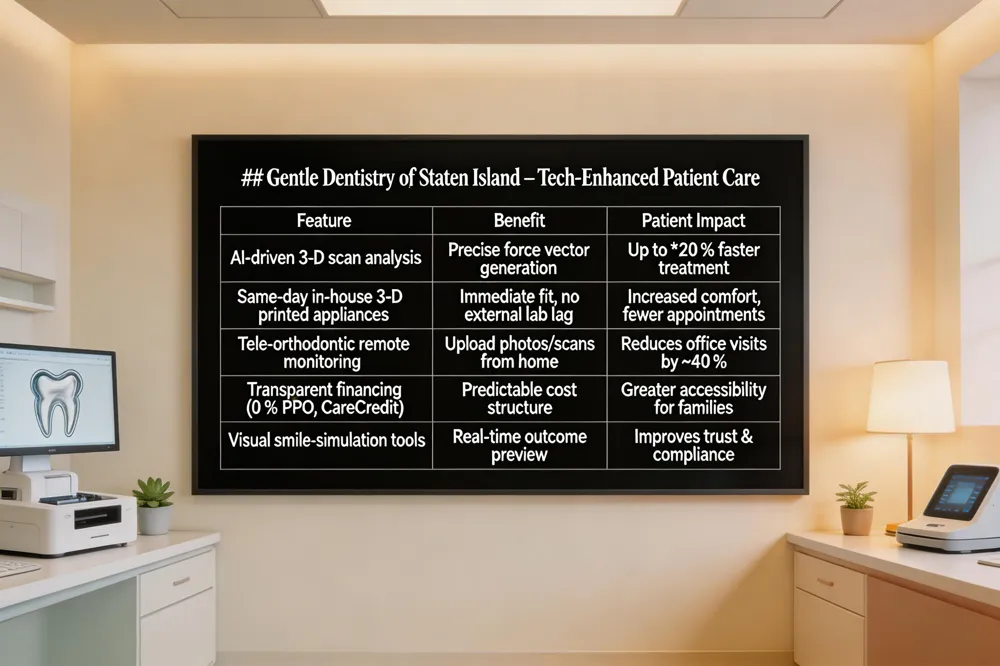 ### Gentle Dentistry of Staten Island – Tech‑Enhanced Patient Care
| Feature | Benefit | Patient Impact |
|---|---|---|
| AI‑driven 3‑D scan analysis | Precise force vector generation | Up to 20 % faster treatment |
| Same‑day in‑house 3‑D printed appliances | Immediate fit, no external lab lag | Increased comfort, fewer appointments |
| Tele‑orthodontic remote monitoring | Upload photos/scans from home | Reduces office visits by ~40 % |
| Transparent financing (0 % PPO, CareCredit) | Predictable cost structure | Greater accessibility for families |
| Visual smile‑simulation tools | Real‑time outcome preview | Improves trust & compliance |
