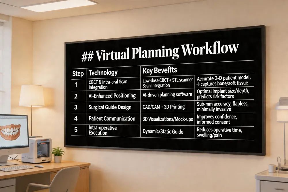 ### Virtual Planning Workflow
| Step | Technology | Key Benefits |
|---|---|---|
| CBCT & Intra‑oral Scan Integration | Low‑dose CBCT + STL scanner | Accurate 3‑D patient model; captures bone volume & soft tissue |
| AI‑Enhanced Positioning | AI‑driven planning software (CNNs, machine‑learning) | Suggests optimal implant size, depth, angulation; predicts risk factors |
| Surgical Guide Design | CAD/CAM & 3‑D printing (titanium‑sleeve guides) | Sub‑millimeter accuracy; flapless, minimally invasive placement |
| Patient Communication | 3‑D visualizations & virtual mock‑ups | Improves confidence, informed consent, and treatment acceptance |
| Intra‑operative Execution | Dynamic navigation or static guide | Reduces operative time, postoperative swelling, and pain