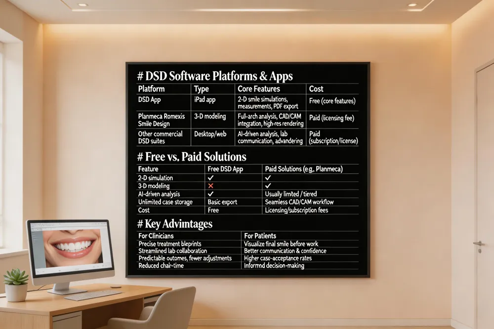 # DSD Software Platforms & Apps
| Platform | Type | Core Features | Cost |
|---|---|---|---|
| DSD App | freePad app | 2‑D smile simulations, measurements, PDF export | Free (core features) |
| Planmeca Romexis Smile Design | 3‑D modeling suite | Full‑arch analysis, CAD/CAM integration, high‑res rendering | Paid (licensing fee) |
| Other commercial DSD suites | Desktop/web | AI‑driven analysis, lab communication, advanced rendering | Paid (subscription/license) |
| Feature | Free DSD App | Paid Solutions (e.g., Planmeca) |
|---|---|---|
| 2‑D simulation | ✔️ | ✔️ |
| 3‑D modeling | ❌ | ✔️ |
| AI‑driven analysis | ❌ | ✔️ |
| Unlimited case storage | ✔️ | Usually limited / tiered |
| Lab integration | Basic export | Seamless CAD/CAM workflow |
| Cost | Free | Licensing/subscription fees |
| For Clinicians | For Patients |
|---|---|
| Precise treatment blueprints | Visualize final smile before work |
| Streamlined lab collaboration | Better communication & confidence |
| Predictable outcomes, fewer adjustments | Higher case‑acceptance rates |
| Reduced chair‑time | Informed decision‑making |

