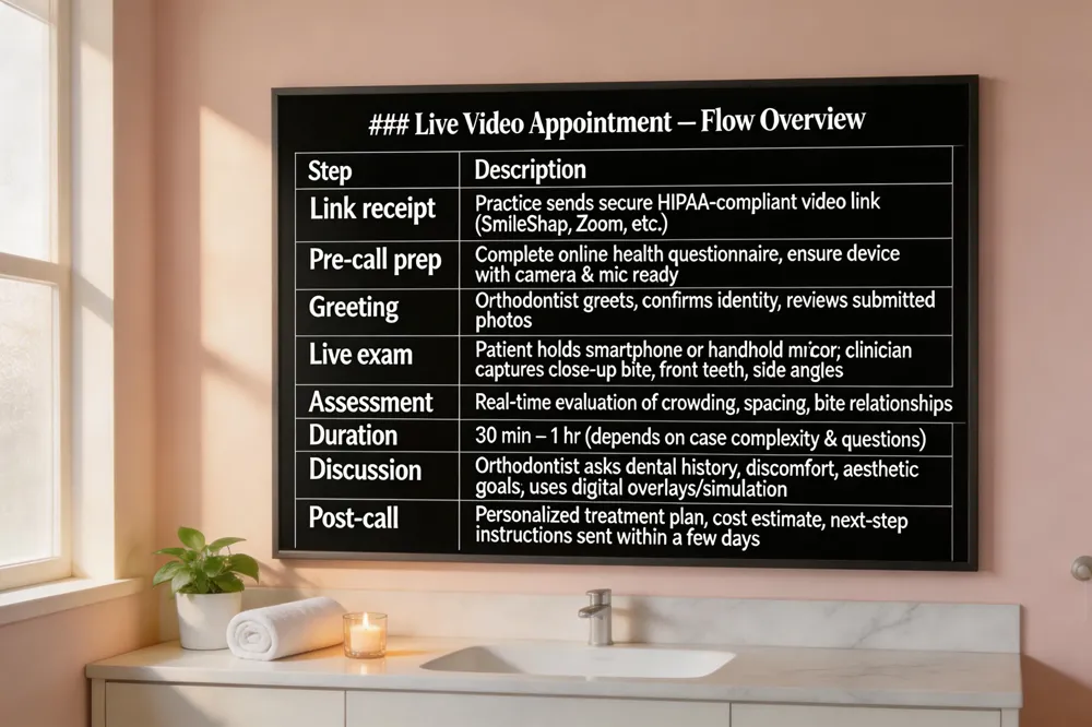 ### Live Video Appointment – Flow Overview
| Step | Description |
|---|---|
| Link receipt | Practice sends secure HIPAA‑compliant video link (SmileSnap, Zoom, etc.) |
| Pre‑call prep | Complete online health questionnaire; ensure device with camera & mic ready |
| Greeting | Orthodontist greets, confirms identity, reviews submitted photos |
| Live exam | Patient holds smartphone or handheld mirror; clinician captures close‑up bite, front teeth, side angles |
| Assessment | Real‑time evaluation of crowding, spacing, bite relationships |
| Duration | 30 min – 1 hr (depends on case complexity & questions) |
| Discussion | Orthodontist asks dental history, discomfort, aesthetic goals; uses digital overlays/simulation |
| Post‑call | Personalized treatment plan, cost estimate, next‑step instructions sent within a few days |

