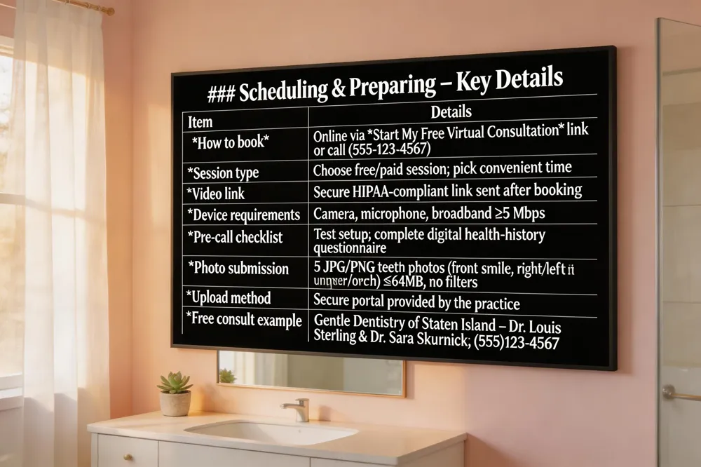 ### Scheduling & Preparing – Key Details
| Item | Details |
|---|---|
| How to book | Online via Start My Free Virtual Consultation link or call (555‑123‑4567) |
| Session type | Choose free or paid session; pick a convenient time |
| Video link | Secure HIPAA‑compliant link sent after booking |
| Device requirements | Camera, microphone, broadband ≥ 5 Mbps |
| Pre‑call checklist | Test setup with practice guide; complete digital health‑history questionnaire |
| Photo submission | 5 JPG/PNG photos (front smile, right bite, left bite, upper arch, lower arch) ≤ 64 MB each; taken perpendicular to teeth, no filters |
| Upload method | Secure portal provided by the practice |
| Free consult example | Gentle Dentistry of Staten Island – Dr. Louis Sterling & Dr. Sara Skurnick; call (555) 123‑4567 or online request; reply within 24 hrs |
