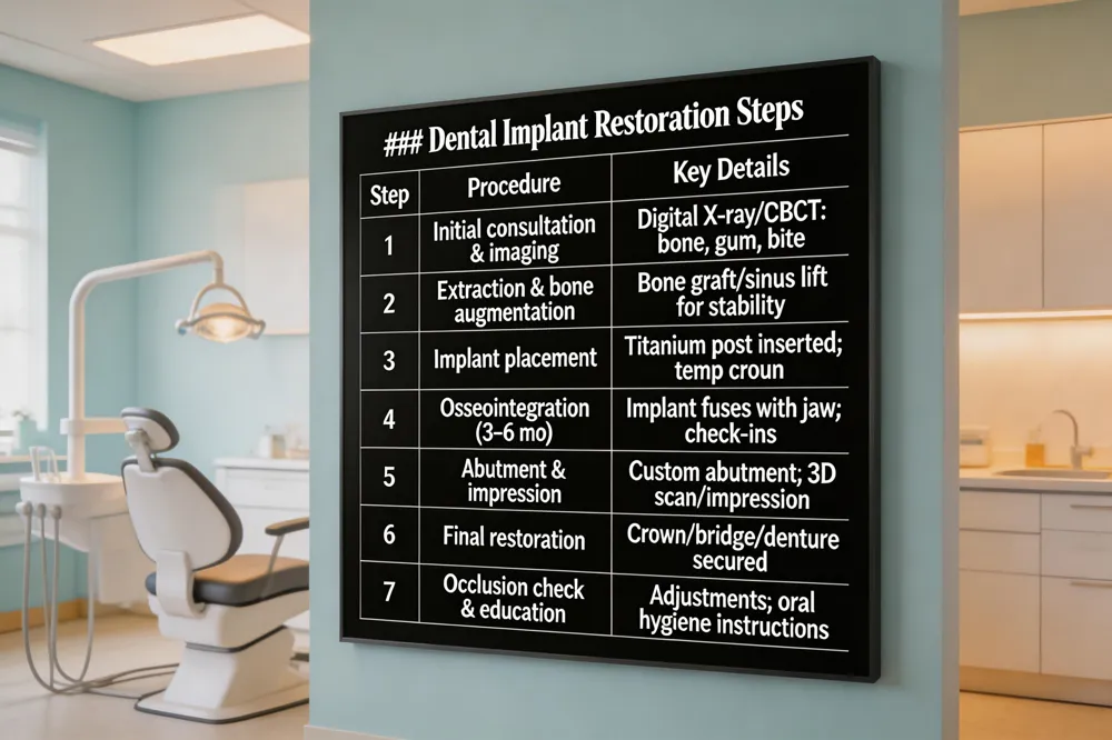 ### Dental Implant Restoration Steps
| Step | Procedure | Key Details |
|---|---|---|
| 1 | Initial consultation & imaging | Digital X‑ray/CBCT to assess bone, gum health, bite |
| 2 | Extraction & bone augmentation (if needed) | Bone graft or sinus lift to achieve primary stability |
| 3 | Implant placement | Titanium post surgically inserted into osteotomy site; temporary crown may be placed |
| 4 | Osseointegration (3–6 months) | Implant fuses with jawbone; periodic check‑ins |
| 5 | Abutment & impression | Custom abutment placed; 3‑D scan or impression taken |
| 6 | Final restoration | Crown/bridge/denture fabricated (porcelain, zirconia, lithium disilicate) and secured |
| 7 | Occlusion check & patient education | Adjustments made; oral‑hygiene instructions provided |
