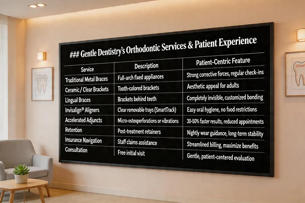 ### Gentle Dentistry’s Orthodontic Services & Patient Experience
| Service | Description | Patient‑Centric Feature |
|---|---|---|
| Traditional Metal Braces | Full‑arch fixed appliances | Strong corrective forces, regular check‑ins |
| Ceramic / Clear Brackets | Tooth‑colored brackets | Aesthetic appeal for adults |
| Lingual Braces | Brackets behind teeth | Completely invisible, customized bonding |
| Invisalign® Aligners | Clear removable trays (SmartTrack) | Easy oral hygiene, no food restrictions |
| Accelerated Adjuncts (Propel, AcceleDent) | Micro‑osteoperforations or vibrations | Potential 30‑50 % faster results, reduced appointments |
| Retention (Clear, Hawley, Fixed) | Post‑treatment retainers | Nightly wear guidance, long‑term stability |
| Insurance Navigation | Staff assistance with claims & coverage | Streamlined billing, maximize benefits |
| Consultation | Free initial visit | Gentle, patient‑centered approach, thorough evaluation |
