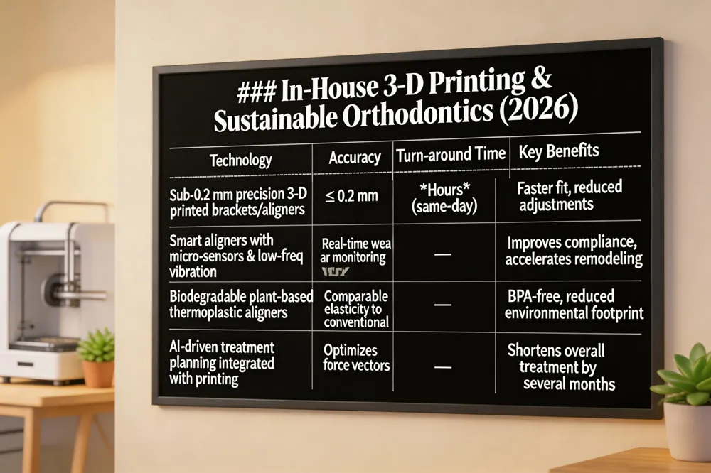 ### In‑House 3‑D Printing & Sustainable Orthodontics (2026)
| Technology | Accuracy | Turn‑around Time | Key Benefits |
|---|---|---|---|
| Sub‑0.2 mm precision 3‑D printed brackets/aligners | ≤ 0.2 mm | Hours (same‑day) | Faster fit, reduced adjustments |
| Smart aligners with micro‑sensors & low‑freq vibration | Real‑time wear monitoring | — | Improves compliance, accelerates remodeling |
| Biodegradable plant‑based thermoplastic aligners | Comparable elasticity to conventional | — | BPA‑free, reduced environmental footprint |
| AI‑driven treatment planning integrated with printing | Optimizes force vectors | — | Shortens overall treatment by several months |
