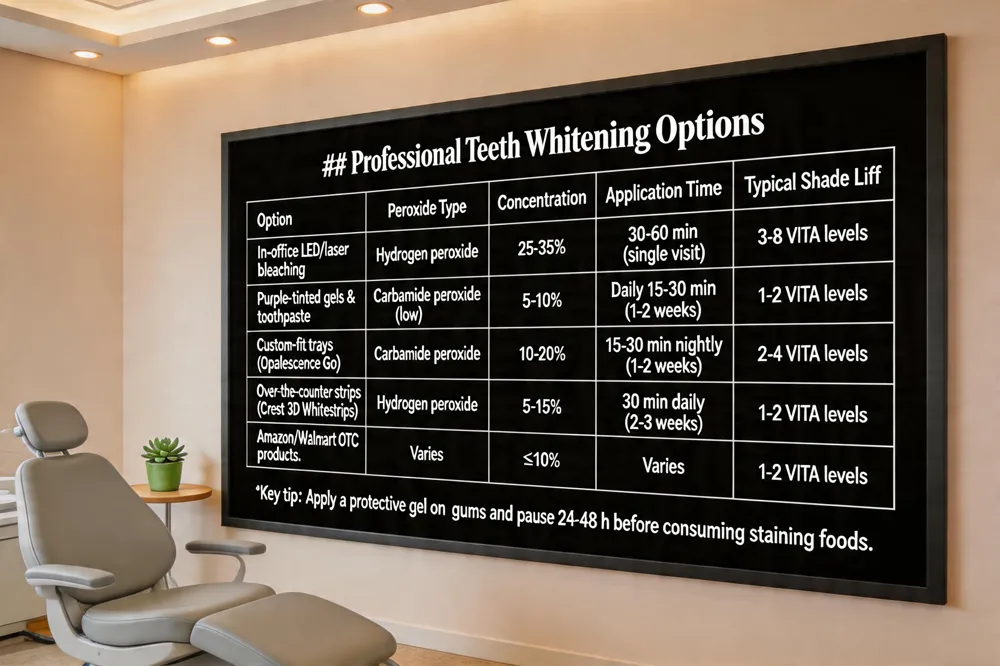 ### Professional Teeth Whitening Options
| Option | Peroxide Type | Concentration | Application Time | Typical Shade Lift |
|---|---|---|---|---|
| In‑office LED/laser bleaching | Hydrogen peroxide | 25‑35% | 30‑60 min (single visit) | 3‑8 VITA levels |
| Purple‑tinted gels & toothpaste | Carbamide peroxide (low) | 5‑10% | Daily 15‑30 min (1‑2 weeks) | 1‑2 VITA levels |
| Custom‑fit trays (e.g., Opalescence Go) | Carbamide peroxide | 10‑20% | 15‑30 min nightly (1‑2 weeks) | 2‑4 VITA levels |
| Over‑the‑counter strips (Crest 3D Whitestrips) | Hydrogen peroxide | 5‑15% | 30 min daily (2‑3 weeks) | 1‑2 VITA levels |
| Amazon/Walmart OTC products | Varies | ≤10% | Varies | 1‑2 VITA levels |
Key tip: Apply a protective gel on gums and pause 24‑48 h before consuming staining foods.