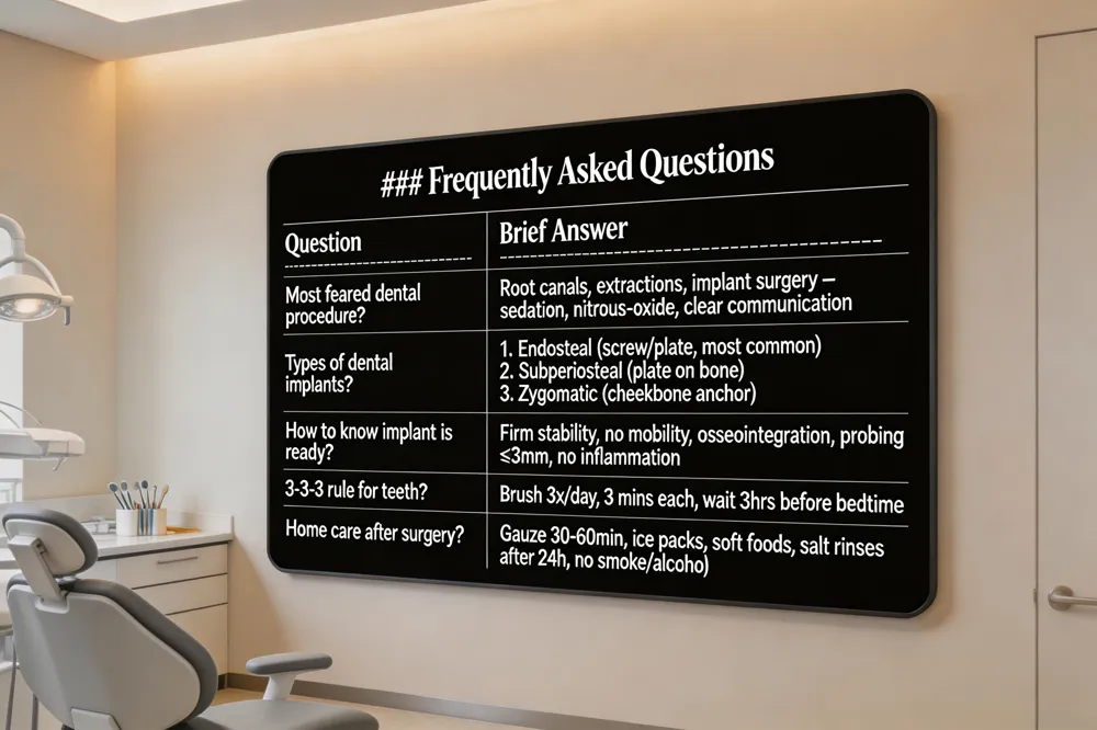 ### Frequently Asked Questions
| Question | Brief Answer |
|---|---|
| Most feared dental procedure? | Root canals, extractions, and implant surgery – anxiety managed with sedation, nitrous‑oxide, and clear communication. |
| Types of dental implants? | 1. Endosteal (screw/plate in bone) – most common. 2. Subperiosteal (plate on bone) – for limited height. 3. Zygomatic (anchored in cheekbone) – severe upper‑jaw loss. |
| How to know if implant is ready for restoration? | Firm clinical stability, no mobility, radiographic evidence of osseointegration, probing depths ≤ 3 mm, no inflammation; often confirmed with resonance‑frequency analysis. |
| 3‑3‑3 rule for teeth? | Brush three times a day, three minutes each, wait three hours before bedtime – a mnemonic to encourage diligent care. |
| Home care after surgery? | Apply gauze pressure 30‑60 min, ice packs, elevated head, soft‑food diet, gentle salt‑water rinses after 24 h, avoid smoking/alcohol, follow‑up appointments. |

