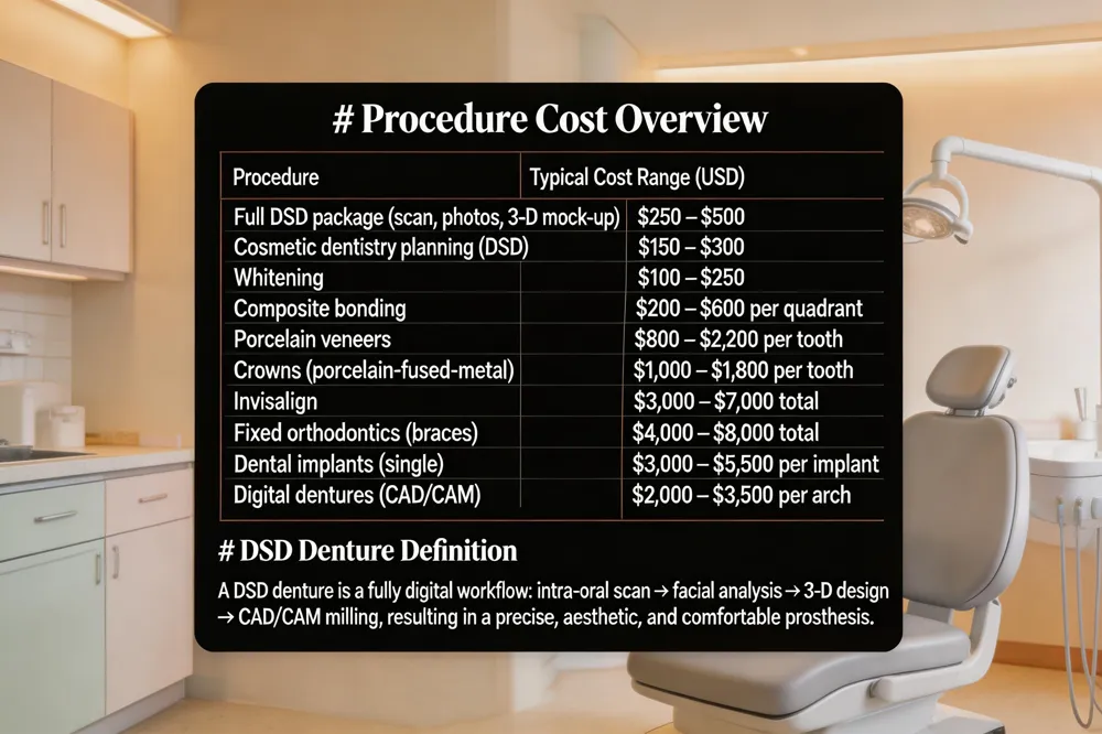 # Procedure Cost Overview
| Procedure | Typical Cost Range (USD) |
|---|---|
| Full DSD package (scan, photos, 3‑D mock‑up) | $250 – $500 |
| Cosmetic dentistry planning (DSD) | $150 – $300 |
| Whitening | $100 – $250 |
| Composite bonding | $200 – $600 per quadrant |
| Porcelain veneers | $800 – $2,200 per tooth |
| Crowns (porcelain‑fused‑metal) | $1,000 – $1,800 per tooth |
| Invisalign | $3,000 – $7,000 total |
| Fixed orthodontics (braces) | $4,000 – $8,000 total |
| Dental implants (single) | $3,000 – $5,500 per implant |
| Digital dentures (CAD/CAM) | $2,000 – $3,500 per arch |
A DSD denture is a fully digital workflow: intra‑oral scan → facial analysis → 3‑D design → CAD/CAM milling, resulting in a precise, aesthetic, and comfortable prosthesis. 