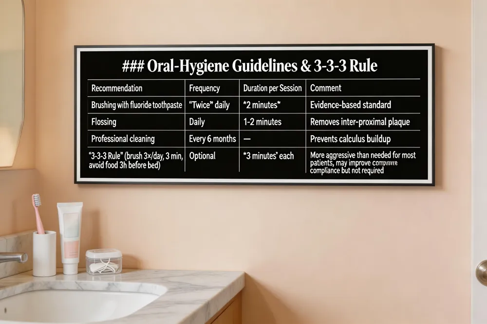 ### Oral‑Hygiene Guidelines & 3‑3‑3 Rule
| Recommendation | Frequency | Duration per Session | Comment |
|---|---|---|---|
| Brushing with fluoride toothpaste | Twice daily | 2 minutes | Evidence‑based standard |
| Flossing | Daily | 1‑2 minutes | Removes inter‑proximal plaque |
| Professional cleaning | Every 6 months | — | Prevents calculus buildup |
| “3‑3‑3 Rule” (brush 3×/day, 3 min, avoid food 3 h before bed) | Optional | 3 minutes each | More aggressive than needed for most patients; may improve compliance but not required |
