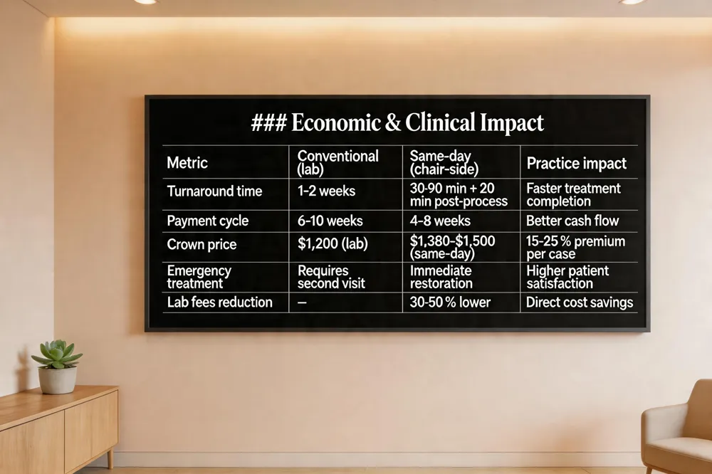 ### Economic & Clinical Impact
| Metric | Conventional (lab) | Same‑day (chair‑side) | Practice impact |
|---|---|---|---|
| Turnaround time | 1‑2 weeks | 30‑90 min + 20 min post‑process | Faster treatment completion |
| Payment cycle | 6‑10 weeks | 4‑8 weeks | Better cash flow |
| Crown price | $1,200 (lab) | $1,380‑$1,500 (same‑day) | 15‑25 % premium per case |
| Emergency treatment | Requires second visit | Immediate restoration | Higher patient satisfaction |
| Lab fees reduction | – | 30‑50 % lower | Direct cost savings |

