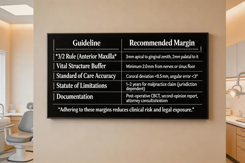 | Guideline | Recommended Margin | |-----------|--------------------| | 3/2 Rule (Anterior Maxilla) | 3 mm apical to gingival zenith, 2 mm palatal to it | | Vital Structure Buffer | Minimum 2.0 mm from nerves or sinus floor | | Standard of Care Accuracy | Coronal deviation < 0.5 mm, angular error < 3° | | Statute of Limitations | 1–2 years for malpractice claim (jurisdiction dependent) | | Documentation | Post‑operative CBCT, second‑opinion report, attorney consultation |
Adhering to these margins reduces clinical risk and legal exposure.