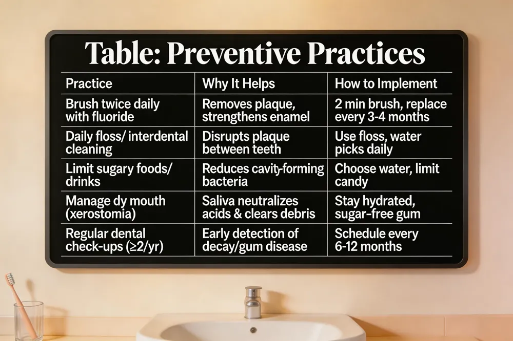 Table: Preventive Practices
| Practice | Why It Helps | How to Implement |
|---|---|---|
| Brush twice daily with fluoride | Removes plaque, strengthens enamel | 2 min brush, replace toothbrush every 3‑4 months |
| Daily floss/ interdental cleaning | Disrupts plaque between teeth | Use floss, water picks, or soft picks each day |
| Limit sugary foods/drinks | Reduces substrate for cavity‑forming bacteria | Choose water, limit candy, avoid constant snacking |
| Manage dry mouth (xerostomia) | Saliva neutralizes acids & clears debris | Stay hydrated, chew sugar‑free gum, discuss meds |
| Regular dental check‑ups (≥2/yr) | Early detection of decay, cracks, gum disease | Schedule cleanings & exams every 6‑12 months |
