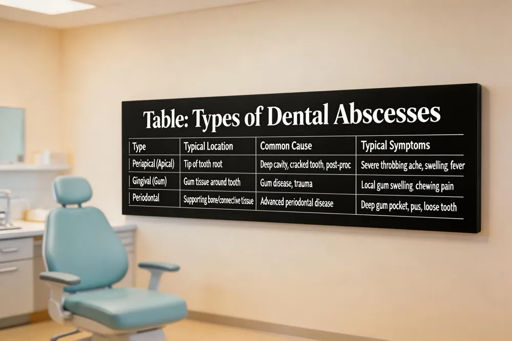 Table: Types of Dental Abscesses
| Type | Typical Location | Common Cause | Typical Symptoms |
|---|---|---|---|
| Periapical (Apical) | Tip of the root of a tooth | Deep cavity, cracked tooth, post‑procedure | Severe throbbing toothache, swelling, fever |
| Gingival (Gum) | Soft tissue around the tooth | Gum disease, trauma | Localized gum swelling, pain on chewing |
| Periodontal | Supporting bone & connective tissue | Advanced periodontal disease | Deep gum pocket, pus, loose tooth |
