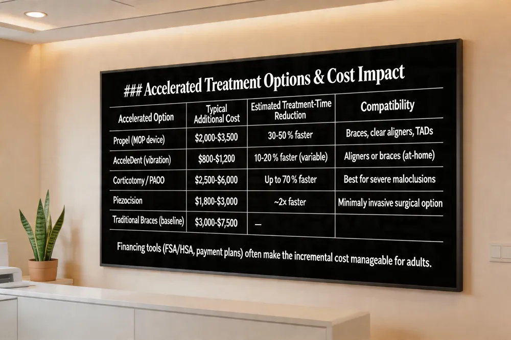### Accelerated Treatment Options & Cost Impact
| Accelerated Option | Typical Additional Cost | Estimated Treatment‑Time Reduction | Compatibility |
|---|---|---|---|
| Propel (MOP device) | $2,000‑$3,500 | 30‑50 % faster | Braces, clear aligners, TADs |
| AcceleDent (vibration) | $800‑$1,200 | 10‑20 % faster (variable) | Aligners or braces (at‑home) |
| Corticotomy / PAOO | $2,500‑$6,000 | Up to 70 % faster | Best for severe malocclusions |
| Piezocision | $1,800‑$3,000 | ~2× faster | Minimally invasive surgical option |
| Traditional Braces (baseline) | $3,000‑$7,500 | — | — |
Financing tools (FSA/HSA, payment plans) often make the incremental cost manageable for adults. 