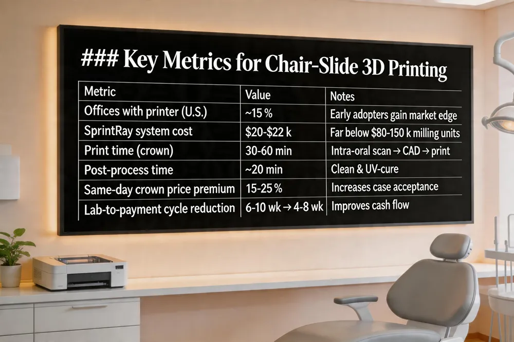 ### Key Metrics for Chair‑Side 3D Printing
| Metric | Value | Notes |
|---|---|---|
| Offices with printer (U.S.) | ~15 % | Early adopters gain market edge |
| SprintRay system cost | $20‑$22 k | Far below $80‑$150 k milling units |
| Print time (crown) | 30‑60 min | Intra‑oral scan → CAD → print |
| Post‑process time | ~20 min | Clean & UV‑cure |
| Same‑day crown price premium | 15‑25 % | Increases case acceptance |
| Lab‑to‑payment cycle reduction | 6‑10 wk → 4‑8 wk | Improves cash flow |
