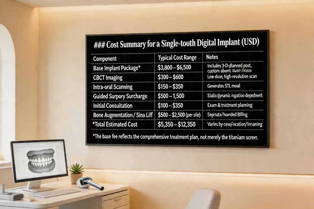 ### Cost Summary for a Single‑tooth Digital Implant (USD)
| Component | Typical Cost Range | Notes |
|---|---|---|
| Base Implant Package* | $3,800 – $6,500 | Includes 3‑D‑planned post, custom abutment, final crown |
| CBCT Imaging | $300 – $600 | Low‑dose, high‑resolution scan |
| Intra‑oral Scanning | $150 – $350 | Generates STL model |
| Guided Surgery Surcharge | $500 – $1,500 | Depends on static guide vs. dynamic navigation |
| Initial Consultation | $100 – $350 | Clinical exam and treatment planning |
| Bone Augmentation / Sinus Lift | $500 – $2,500 (per site) | Separate billing, often bundled by practice |
| Total Estimated Cost | $5,350 – $12,350 | Varies by case complexity, location, and financing options |
*The base fee reflects the comprehensive treatment plan, not merely the titanium screw.