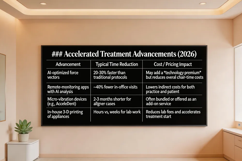 ### Accelerated Treatment Advancements (2026)
| Advancement | Typical Time Reduction | Cost / Pricing Impact |
|---|---|---|
| AI‑optimized force vectors | 20‑30 % faster than traditional protocols | May add a technology premium but reduces overall chair‑time costs |
| Remote‑monitoring apps with AI analysis | ~40 % fewer in‑office visits | Lowers indirect costs for both practice and patient |
| Micro‑vibration devices (e.g., AcceleDent) | 2‑3 months shorter for aligner cases | Often bundled or offered as an add‑on service |
| In‑house 3‑D printing of appliances | Hours vs. weeks for lab work | Reduces lab fees and accelerates treatment start |
