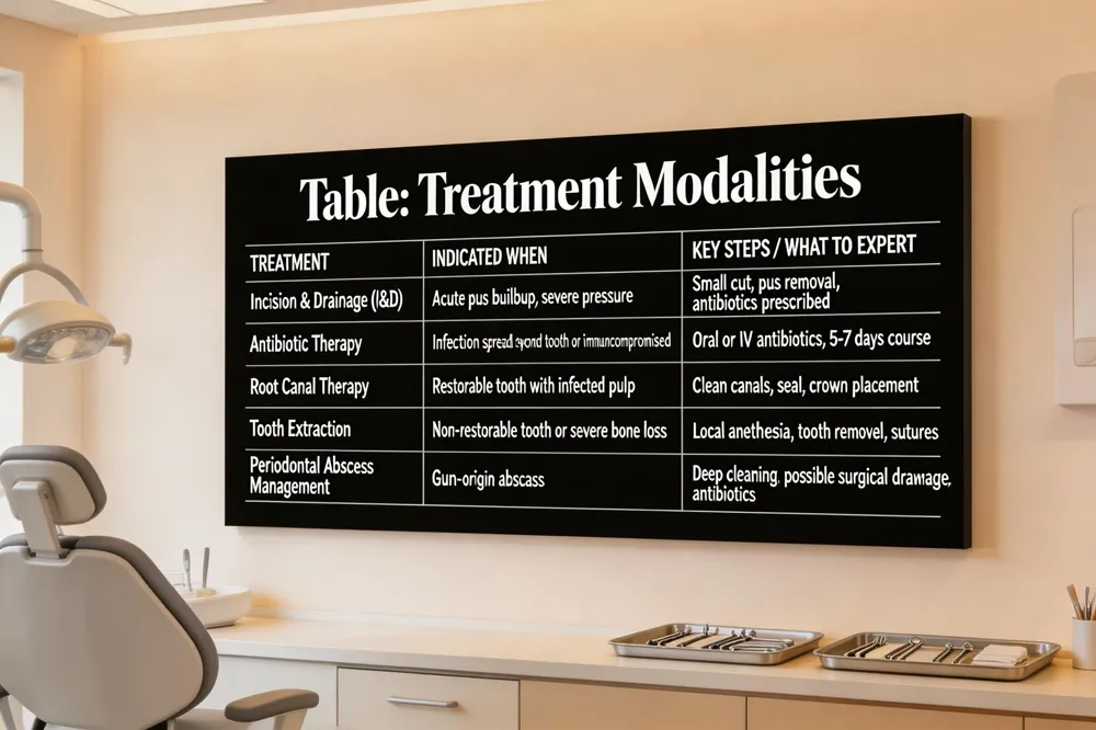 Table: Treatment Modalities
| Treatment | Indicated When | Key Steps / What to Expect |
|---|---|---|
| Incision & Drainage (I&D) | Acute pus buildup, severe pressure | Small cut, pus removal, antibiotics prescribed |
| Antibiotic Therapy | Infection spread beyond tooth or immunocompromised | Oral or IV antibiotics, 5‑7 days course |
| Root Canal Therapy | Restorable tooth with infected pulp | Clean canals, seal, crown placement |
| Tooth Extraction | Non‑restorable tooth or severe bone loss | Local anesthesia, tooth removal, sutures |
| Periodontal Abscess Management | Gum‑origin abscess | Deep cleaning, possible surgical drainage, antibiotics |
