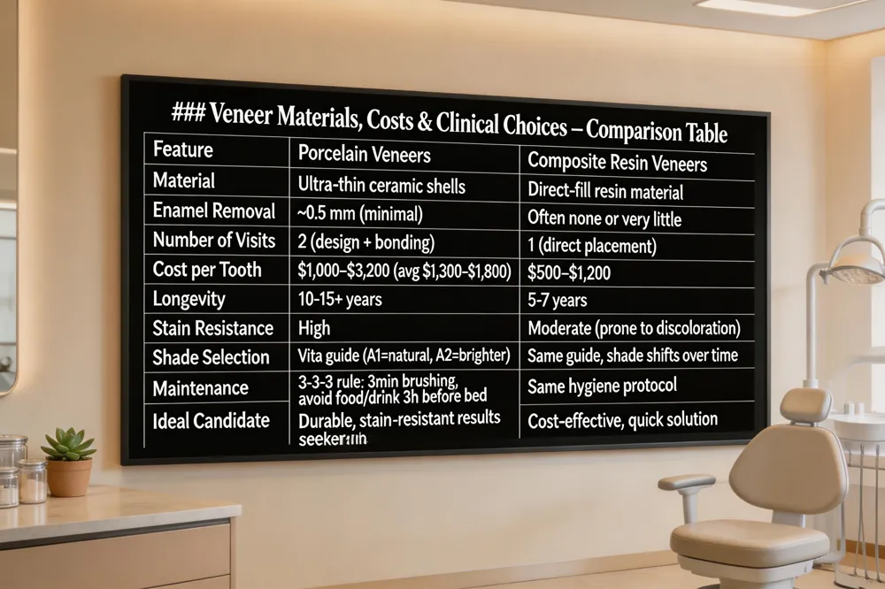 ### Veneer Materials, Costs & Clinical Choices – Comparison Table
| Feature | Porcelain Veneers | Composite Resin Veneers | |---------|----------------------|----------------------------| | Material | Ultra‑thin ceramic shells | Direct‑fill resin material | | Enamel Removal | ~0.5 mm (minimal) | Often none or very little | | Number of Visits | 2 (design + bonding) | 1 (direct placement) | | Cost per Tooth | $1,000 – $3,200 (avg $1,300‑$1,800) | $500 – $1,200 | | Longevity | 10‑15 + years | 5‑7 years | | Stain Resistance | High | Moderate (more prone to discoloration) | | Shade Selection | Vita guide (A1 = natural, A2 = brighter) | Same guide, but shade may shift over time | | Maintenance –3‑‑Times Tool3 min brushing, avoid food/drink 3 h before bed (3‑3‑3 rule) | Same hygiene protocol recommended | | **Ideal Candidate | Patients seeking durable, stain‑resistant results | Patients needing a cost‑effective, quick solution | 