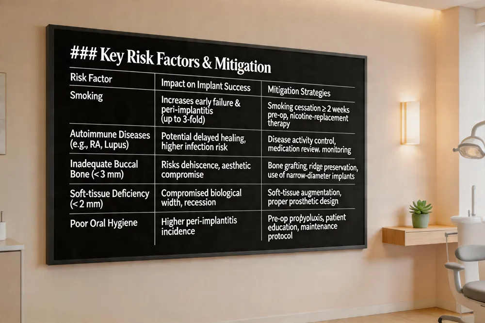 ### Key Risk Factors & Mitigation
| Risk Factor | Impact on Implant Success | Mitigation Strategies |
|---|---|---|
| Smoking | Increases early failure & peri‑implantitis (up to 3‑fold) | Smoking cessation ≥ 2 weeks pre‑op, nicotine‑replacement therapy |
| Autoimmune Diseases (e.g., RA, Lupus) | Potential delayed healing, higher infection risk | Disease activity control, medication review, close post‑op monitoring |
| Inadequate Buccal Bone (< 3 mm) | Risks dehiscence, aesthetic compromise | Bone grafting, ridge preservation, use of narrow‑diameter implants |
| Soft‑tissue Deficiency (< 2 mm) | Compromised biological width, recession | Soft‑tissue augmentation, proper prosthetic design |
| Poor Oral Hygiene | Higher peri‑implantitis incidence | Pre‑op prophylaxis, patient education, maintenance protocol |
