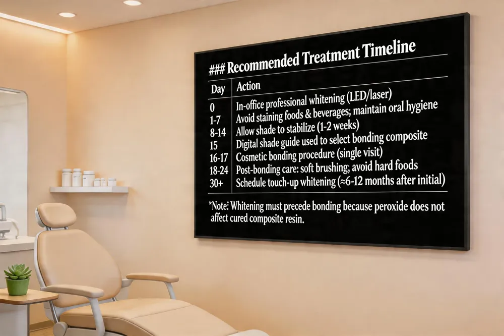 ### Recommended Treatment Timeline
| Day | Action |
|---|---|
| 0 | In‑office professional whitening (LED/laser) |
| 1‑7 | Avoid staining foods & beverages; maintain oral hygiene |
| 8‑14 | Allow shade to stabilize (typically 1‑2 weeks) |
| 15 | Digital shade guide used to select bonding composite |
| 16‑17 | Cosmetic bonding procedure performed in a single visit |
| 18‑24 | Post‑bonding care: soft brushing, avoid hard foods |
| 30+ | Schedule touch‑up whitening if needed (≈6‑12 months after initial) |
Note: Whitening must precede bonding because peroxide does not affect cured composite resin.