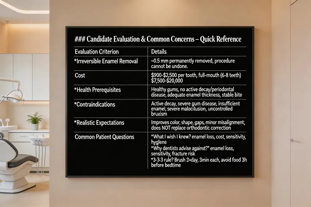 ### Candidate Evaluation & Common Concerns – Quick Reference
| Evaluation Criterion | Details |
|---|---|
| Irreversible Enamel Removal | ~0.5 mm permanently removed; procedure cannot be undone. |
| Cost | $900‑$2,500 per tooth; full‑mouth (6‑8 teeth) $7,500‑$20,000. |
| Health Prerequisites | Healthy gums, no active decay or periodontal disease, adequate enamel thickness, stable bite. |
| Contraindications | Active decay, severe gum disease, insufficient enamel, severe malocclusion, uncontrolled bruxism. |
| Realistic Expectations | Improves color, shape, gaps, minor misalignment; does NOT replace orthodontic correction or address major functional issues. |
| Common Patient Questions | What I wish I knew? – enamel loss, cost, sensitivity, hygiene. Why dentists advise against? – enamel loss, sensitivity, disease, cost, fracture risk. What is a cosmetic dental assessment? – comprehensive analysis using digital tools. 3‑3‑3 rule? – Brush 3 × day, 3 min each, avoid food/drink 3 h before bedtime. |
