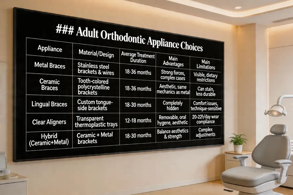 ### Adult Orthodontic Appliance Choices
| Appliance | Material/Design | Average Treatment Duration | Main Advantages | Main Limitations |
|---|---|---|---|---|
| Metal Braces | Stainless steel brackets & wires | 18‑36 months | Strong forces, versatile for complex cases | Visible, dietary restrictions |
| Ceramic Braces | Tooth‑colored polycrystalline/alumina brackets | 18‑36 months | Aesthetic, similar mechanics to metal | Can stain, slightly less durable |
| Lingual Braces | Custom brackets placed on tongue side | 18‑30 months | Completely hidden from view | Comfort issues, technique‑sensitive |
| Clear Aligners (Invisalign, NewSmile) | Transparent thermoplastic trays (SmartTrack) | 12‑18 months (up to 5 months faster than braces) | Removable, excellent oral hygiene, aesthetic | Requires high patient compliance (20‑22 h/day) |
| Hybrid (Ceramic + Metal) | Combination of ceramic and metal brackets | 18‑30 months | Balance aesthetics & strength | Slightly more complex adjustments |
