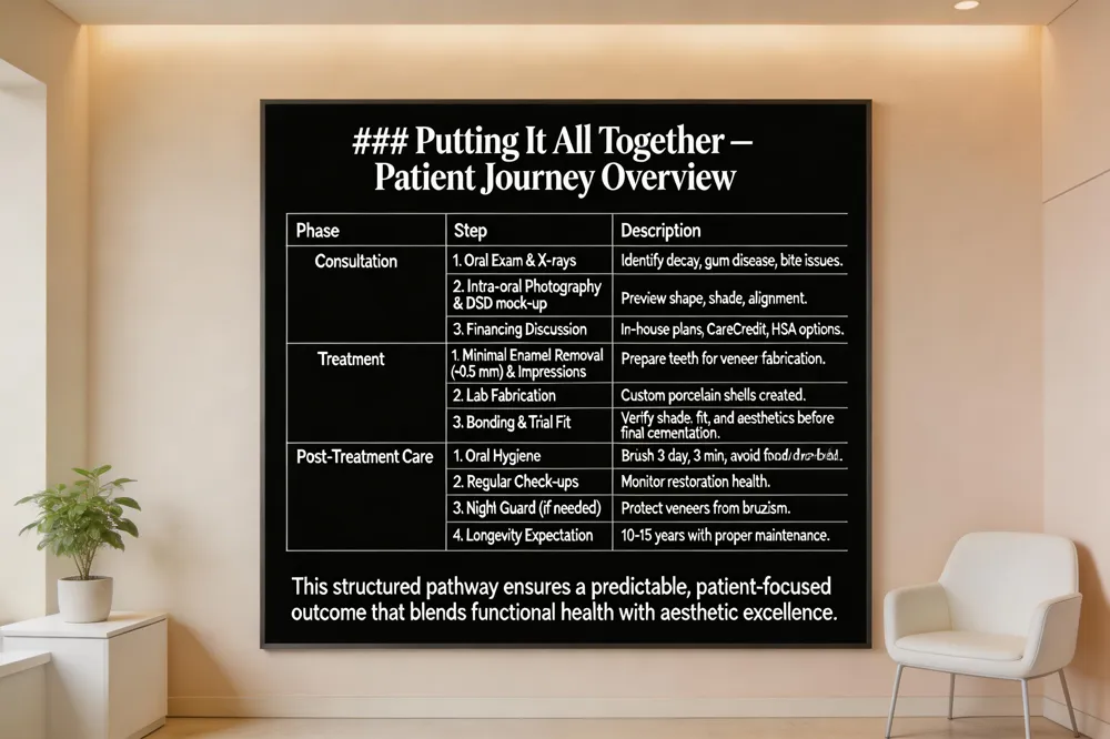 ### Putting It All Together – Patient Journey Overview
| Phase | Step | Description |
|---|---|---|
| Consultation | 1. Oral Exam & X‑rays | Identify decay, gum disease, bite issues. |
| 2. Intra‑oral Photography & DSD mock‑up | Preview shape, shade, alignment. | |
| 3. Financing Discussion | In‑house plans, CareCredit, HSA options. | |
| Treatment | 1. Minimal Enamel Removal (~0.5 mm) & Impressions | Prepare teeth for veneer fabrication. |
| 2. Lab Fabrication | Custom porcelain shells created. | |
| 3. Bonding & Trial Fit | Verify shade, fit, and aesthetics before final cementation. | |
| Post‑Treatment Care | 1. Oral Hygiene | Brush 3 × day, 3 min; avoid food/drink 3 h before bed. |
| 2. Regular Check‑ups | Monitor restoration health. | |
| 3. Night Guard (if needed) | Protect veneers from bruxism. | |
| 4. Longevity Expectation | 10‑15 years with proper maintenance. |
This structured pathway ensures a predictable, patient‑focused outcome that blends functional health with aesthetic excellence.
