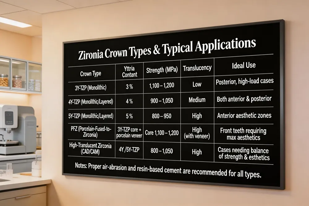 Zirconia Crown Types & Typical Applications
| Crown Type | Yttria Content | Strength (MPa) | Translucency | Ideal Use |
|---|---|---|---|---|
| 3Y‑TZP (Monolithic) | 3 % | 1,100 – 1,200 | Low | Posterior, high‑load cases |
| 4Y‑TZP (Monolithic/Layered) | 4 % | 900 – 1,050 | Medium | Both anterior & posterior |
| 5Y‑TZP (Monolithic/Layered) | 5 % | 800 – 950 | High | Anterior aesthetic zones |
| PFZ (Porcelain‑Fused‑to‑Zirconia) | 3Y‑TZP core + porcelain veneer | Core 1,100 – 1,200 | High (with veneer) | Front teeth requiring max aesthetics |
| High‑Translucent Zirconia (CAD/CAM) | 4Y‑/5Y‑TZP | 800 – 1,050 | High | Cases needing balance of strength & esthetics |
|Notes: Proper air‑abrasion and resin‑based cement are recommended for all types.