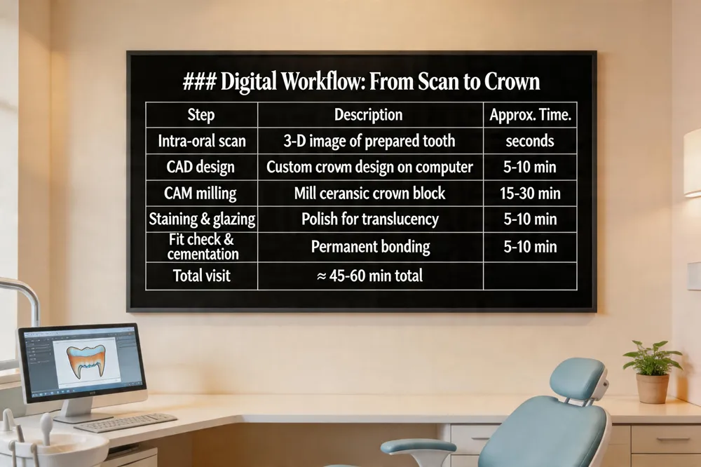 ### Digital Workflow: From Scan to Crown
| Step | Description | Approx. Time | |---|---|---| | Intra‑oral scan | Optical scanner captures 3‑D image of prepared tooth | seconds | | CAD design | Dentist customizes shape, occlusion, shade on computer while patient watches | 5‑10 min | | CAM milling | Chair‑side milling unit mills crown from ceramic block (lithium disilicate or zirconia) | 15‑30 min | | Staining & glazing | Crown stained, glazed, polished to achieve translucency | 5‑10 min | | Fit check & cementation | Intra‑oral try‑in, minor adjustments if needed, permanent bonding | 5‑10 min | | Total visit | ≈ 45‑60 min from preparation to final cementation | 