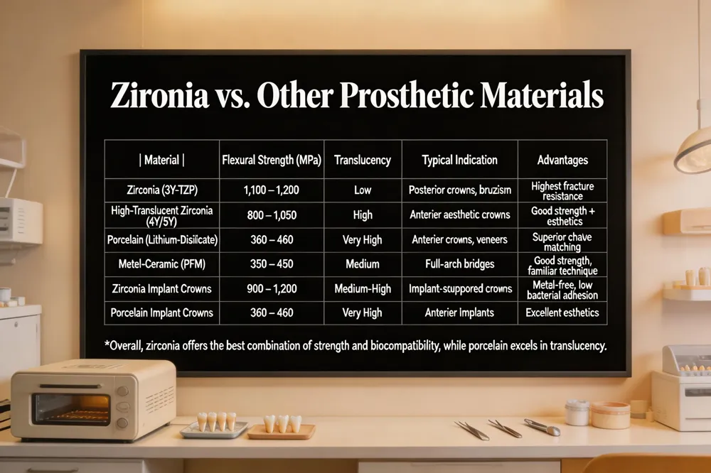 Zirconia vs. Other Prosthetic Materials
| Material | Flexural Strength (MPa) | Translucency | Typical Indication | Advantages |
|---|---|---|---|---|
| Zirconia (3Y‑TZP) | 1,100 – 1,200 | Low | Posterior crowns, bruxism | Highest fracture resistance |
| High‑Translucent Zirconia (4Y/5Y) | 800 – 1,050 | High | Anterior aesthetic crowns | Good strength + esthetics |
| Porcelain (Lithium‑Disilicate) | 360 – 460 | Very High | Anterior crowns, veneers | Superior shade matching |
| Metal‑Ceramic (PFM) | 350 – 450 | Medium | Full‑arch bridges | Good strength, familiar technique |
| Zirconia Implant Crowns | 900 – 1,200 | Medium‑High | Implant‑supported crowns | Metal‑free, low bacterial adhesion |
| Porcelain Implant Crowns | 360 – 460 | Very High | Anterior implants | Excellent esthetics |
Overall, zirconia offers the best combination of strength and biocompatibility, while porcelain excels in translucency.