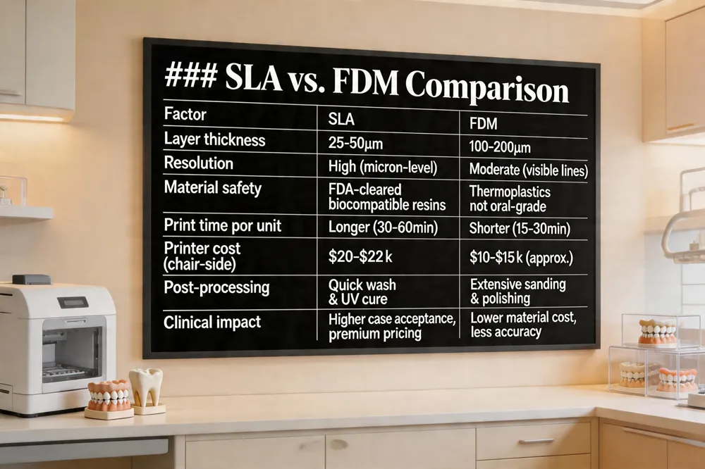 ### SLA vs. FDM Comparison
| Factor | SLA | FDM |
|---|---|---|
| Layer thickness | 25‑50 µm | 100‑200 µm |
| Resolution | High (micron‑level) | Moderate (visible lines) |
| Material safety | FDA‑cleared biocompatible resins | Thermoplastics not oral‑grade |
| Print time per unit | Longer (30‑60 min) | Shorter (15‑30 min) |
| Printer cost (chair‑side) | $20‑$22 k | $10‑$15 k (approx.) |
| Post‑processing | Quick wash & UV cure | Extensive sanding & polishing |
| Clinical impact | Higher case acceptance, premium pricing | Lower material cost, less accuracy |
