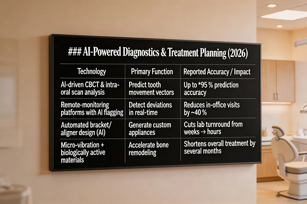 ### AI‑Powered Diagnostics & Treatment Planning (2026)
| Technology | Primary Function | Reported Accuracy / Impact |
|---|---|---|
| AI‑driven CBCT & intra‑oral scan analysis | Predict tooth movement vectors | Up to 95 % prediction accuracy |
| Remote‑monitoring platforms with AI flagging | Detect deviations in real‑time | Reduces in‑office visits by ~40 % |
| Automated bracket/aligner design (AI) | Generate custom appliances | Cuts lab turnaround from weeks → hours |
| Micro‑vibration + biologically active materials | Accelerate bone remodeling | Shortens overall treatment by several months |
