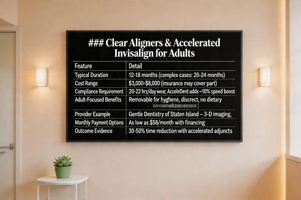 ### Clear Aligners & Accelerated Invisalign for Adults
| Feature | Detail |
|---|---|
| Typical Duration | 12‑18 months (complex cases may extend to 20‑24 months) |
| Cost Range | $3,000‑$8,000 (insurance may cover part) |
| Compliance Requirement | 20‑22 hours wear daily; at‑home micro‑vibration (AcceleDent) can add ~10 % speed boost |
| Adult‑Focused Benefits | Removable for oral hygiene, discreet, no dietary restrictions |
| Provider Example | Gentle Dentistry of Staten Island – 3‑D imaging, personalized plans, optional micro‑vibrations |
| Monthly Payment Options | As low as $58/month with financing |
| Outcome Evidence | Studies show 30‑50 % time reduction when combined with accelerated adjuncts |
