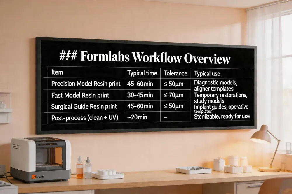 ### Formlabs Workflow Overview
| Item | Typical time | Tolerance | Typical use |
|---|---|---|---|
| Precision Model Resin print | 45‑60 min | ≤ 50 µm | Diagnostic models, aligner templates |
| Fast Model Resin print | 30‑45 min | ≤ 70 µm | Temporary restorations, study models |
| Surgical Guide Resin print | 45‑60 min | ≤ 50 µm | Implant guides, operative templates |
| Post‑process (clean + UV) | ~20 min | – | Sterilizable, ready for use |
