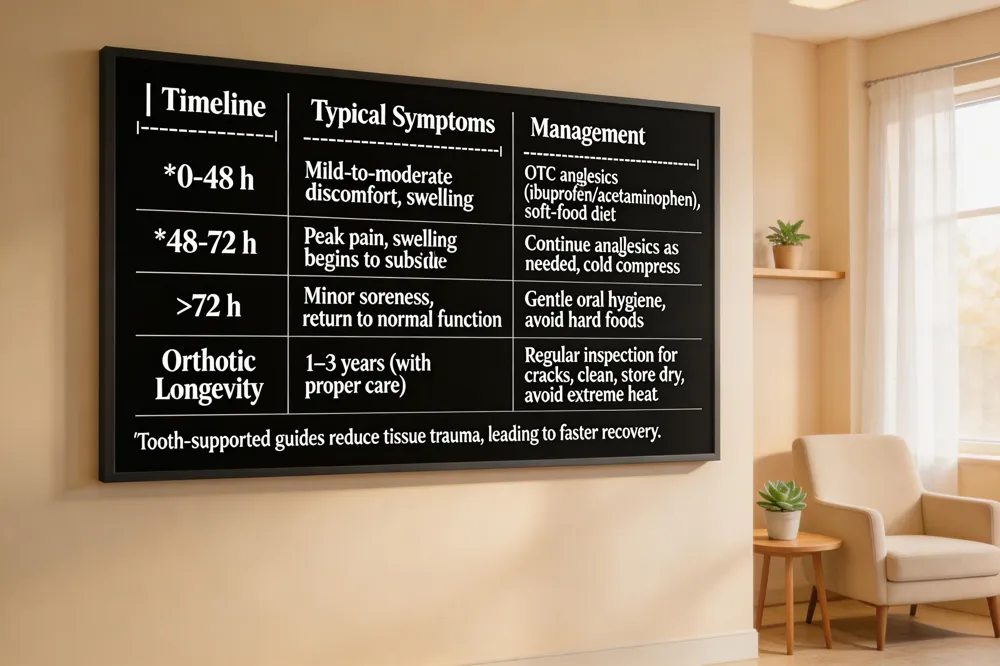 | Timeline | Typical Symptoms | Management | |----------|------------------|------------| | 0‑48 h | Mild‑to‑moderate discomfort, swelling | OTC analgesics (ibuprofen/acetaminophen), soft‑food diet | | 48‑72 h | Peak pain, swelling begins to subside | Continue analgesics as needed, cold compress | | >72 h | Minor soreness, return to normal function | Gentle oral hygiene, avoid hard foods | | Orthotic Longevity | 1–3 years (with proper care) | Regular inspection for cracks, clean, store dry, avoid extreme heat |
Tooth‑supported guides reduce tissue trauma, leading to faster recovery.