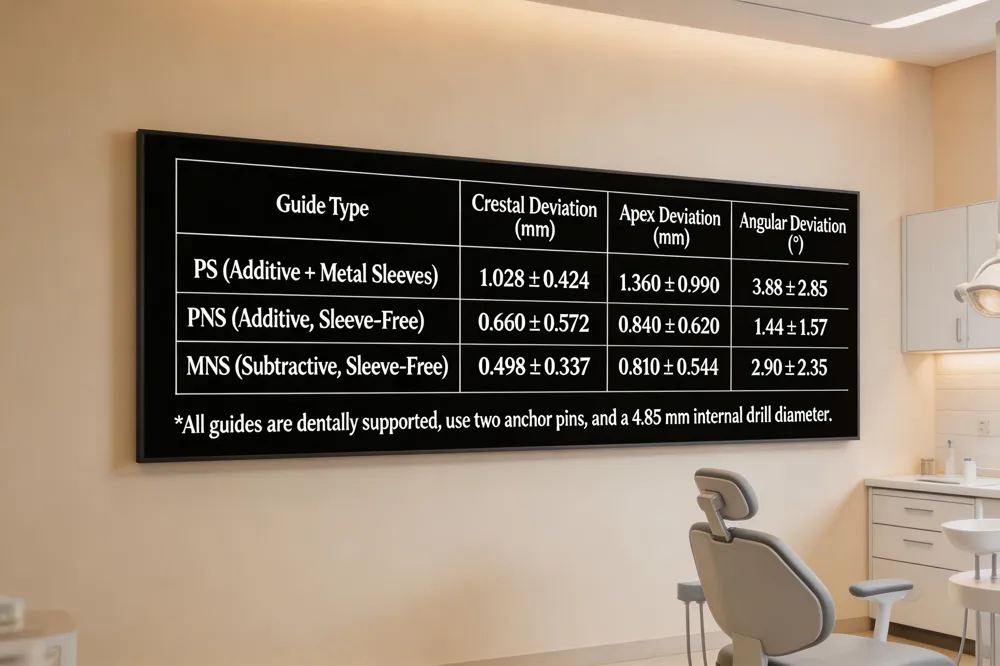 | Guide Type | Crestal Deviation (mm) | Apex Deviation (mm) | Angular Deviation (°) | |------------|------------------------|---------------------|------------------------| | PS (Additive + Metal Sleeves) | 1.028 ± 0.424 | 1.360 ± 0.990 | 3.88 ± 2.85 | | PNS (Additive, Sleeve‑Free) | 0.660 ± 0.572 | 0.840 ± 0.620 | 1.44 ± 1.57 | | MNS (Subtractive, Sleeve‑Free) | 0.498 ± 0.337 | 0.810 ± 0.544 | 2.90 ± 2.35 |
All guides are dentally supported, use two anchor pins, and a 4.85 mm internal drill diameter.