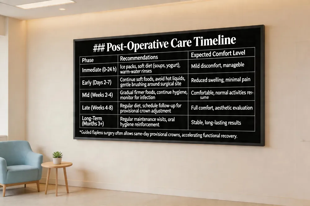 ### Post‑Operative Care Timeline
| Phase | Recommendations | Expected Comfort Level |
|---|---|---|
| Immediate (0‑24 h) | Ice packs, soft diet (soups, yogurt), warm‑water rinses | Mild discomfort, manageable |
| Early (Days 2‑7) | Continue soft foods, avoid hot liquids, gentle brushing around surgical site | Reduced swelling, minimal pain |
| Mid (Weeks 2‑4) | Gradual reintroduction of firmer foods, continue hygiene, monitor for signs of infection | Comfortable, normal activities resume |
| Late (Weeks 4‑8) | Transition to regular diet, schedule follow‑up for provisional crown adjustment | Full comfort, aesthetic evaluation |
| Long‑Term (Months 3+) | Regular maintenance visits, oral hygiene reinforcement | Stable, long‑lasting results |
*Guided flapless surgery often allows same‑day provisional crowns, accelerating functional recovery.